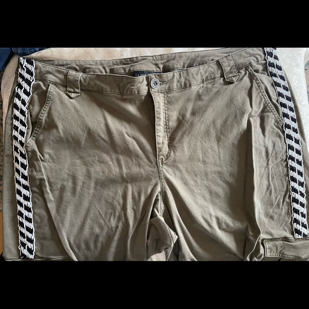 Lane Bryant army green capris with seed beading.